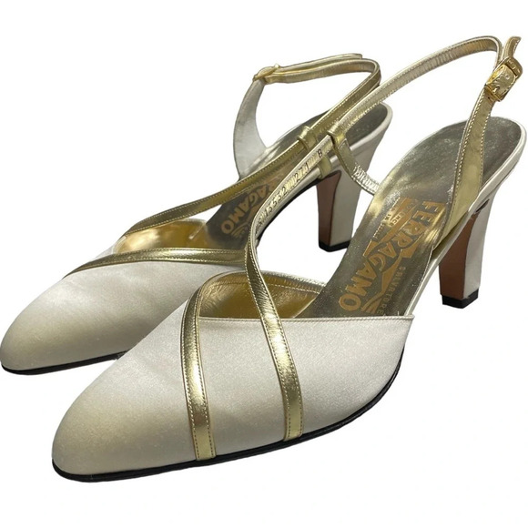 Vintage SALVATORE FERRAGAMO Satin Colorblock Pattern Slingback Pumps - Picture 1 of 15